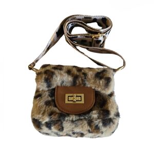 Fuzzy Faux Fur Leopard Print Mini Crossbody Bag Animal Print Strap Purse 5" X 5"